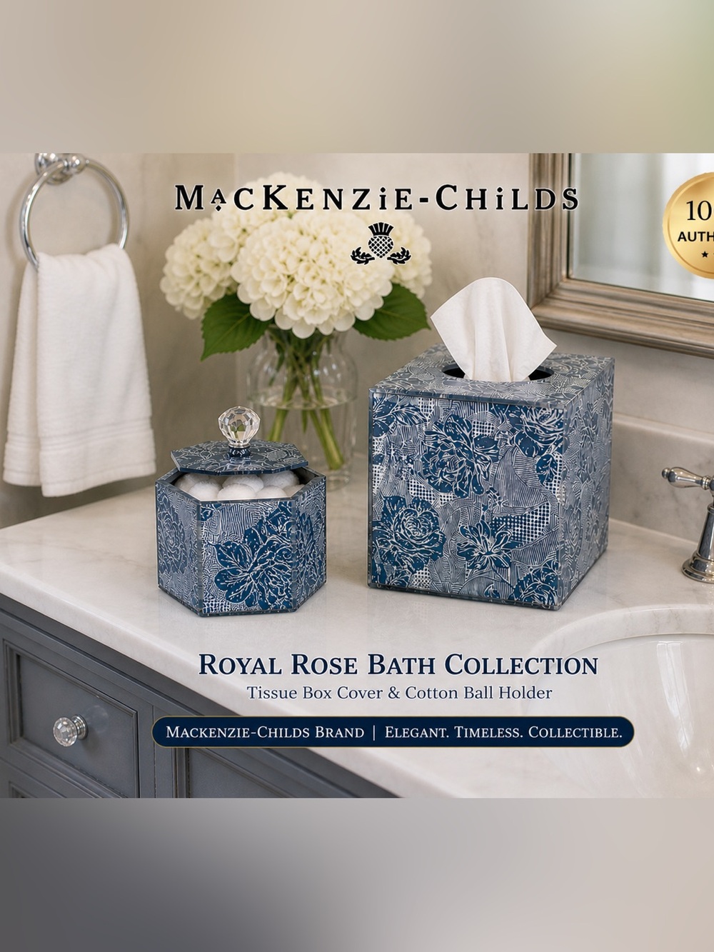 MacKenzie-Childs Royal Rose Blue Tissue Box Cover & Cotton Ball Holder